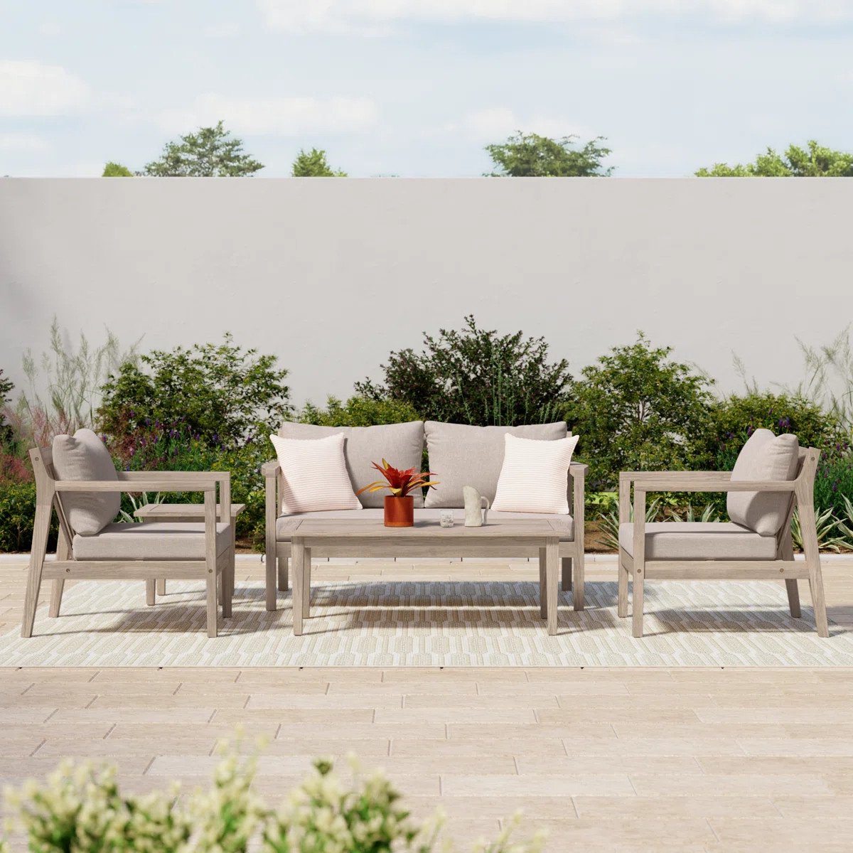 Amina 5 Piece Outdoor Acacia Sofa Seating Group with Cushions | Joss & Main