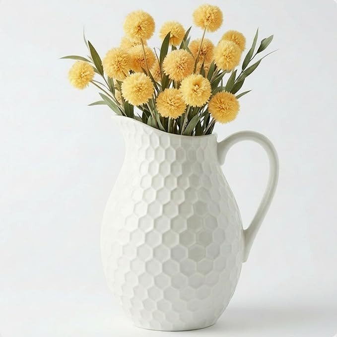 White Ceramic Pitcher Vase with Handle - 7"W x 8"H Farmhouse Vase with Honeycomb Pattern - Decora... | Amazon (US)