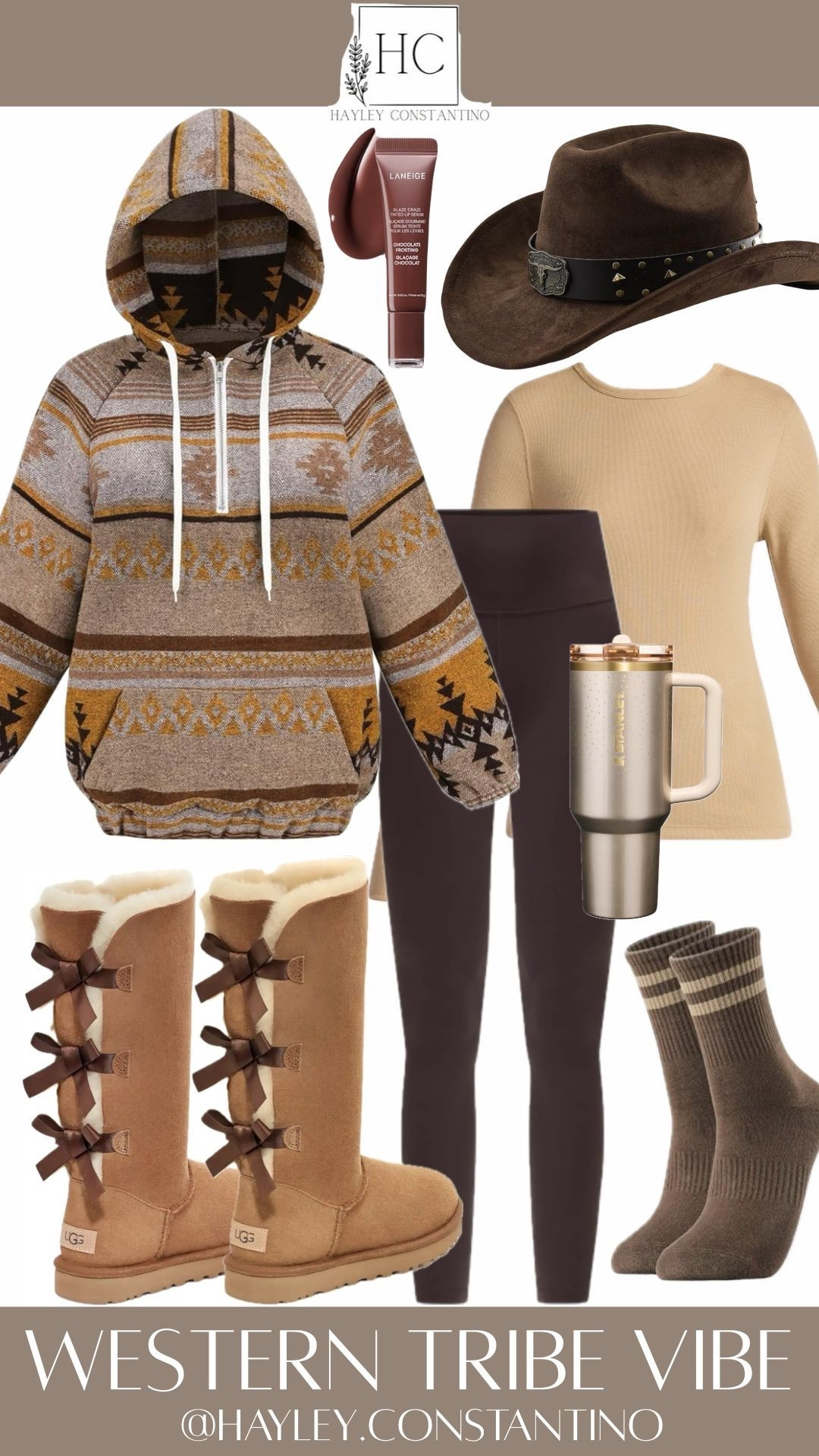 Think warm, cozy, mountain magic with a touch of cowgirl confidence. This western tribal vibe blends earthy tones, soft knits, and rugged details to create the perfect winter rustic look. The Aztec tribal patterned hoodie brings that authentic mountain feel, the fitted leggings and ribbed top keep it sleek and comfy, and those tall Ugg Bailey bow boots add the cutest feminine twist while still feeling practical and toasty. Paired with a suede western hat, chunky socks, and a hot drink in hand, this look feels like cabin mornings, snowy town strolls, and fireside evenings. It’s stylish, comfortable, and effortlessly western-chic for women who love the mountains and want to stay warm while looking adorable.


#LTKOver40 #LTKootd #LTKmomlife