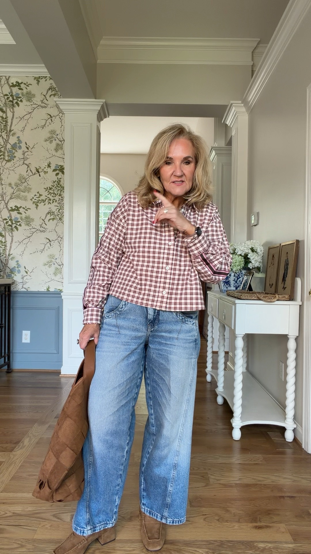 Top size small it’s a really nice Oxford with ribbon trim down the sleeves
Jeans run a little small I’m wearing a 29 petite my regular size but if you’re at all in between size up
My bag unfortunately is sold out in this color. It does have a cool black and tan colorway available.

Fall outfits plaid blouse, trending denim wide leg, jeans, twisted seam denim

#LTKOver40 #LTKootd #LTKSeasonal