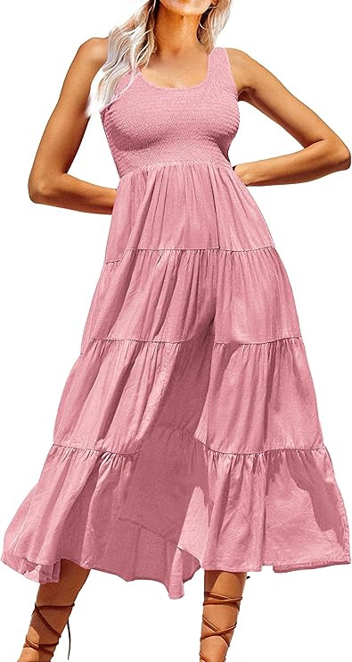 PRETTYGARDEN Women's Casual Loose Plain Maxi Sundress Smocked Tank Dress Sleeveless Summer Beach ... | Amazon (US)