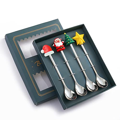 Acewen 4Pcs Christmas Coffee Spoons with Green Gift Box Creative Christmas Tree Santa Star Stainless Steel Spoons for Dinner Tableware Dessert Tea Soup Stirring Spoon Practical Xmas Gift | Amazon (US)