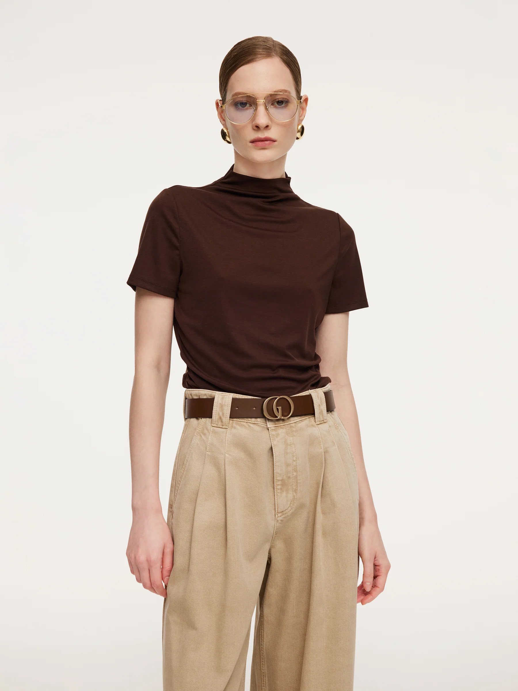 Tencel Blend Mock Neck Ruched Women Knit Top With Triangle Scarf - Chocolate Brown / L | GOELIA