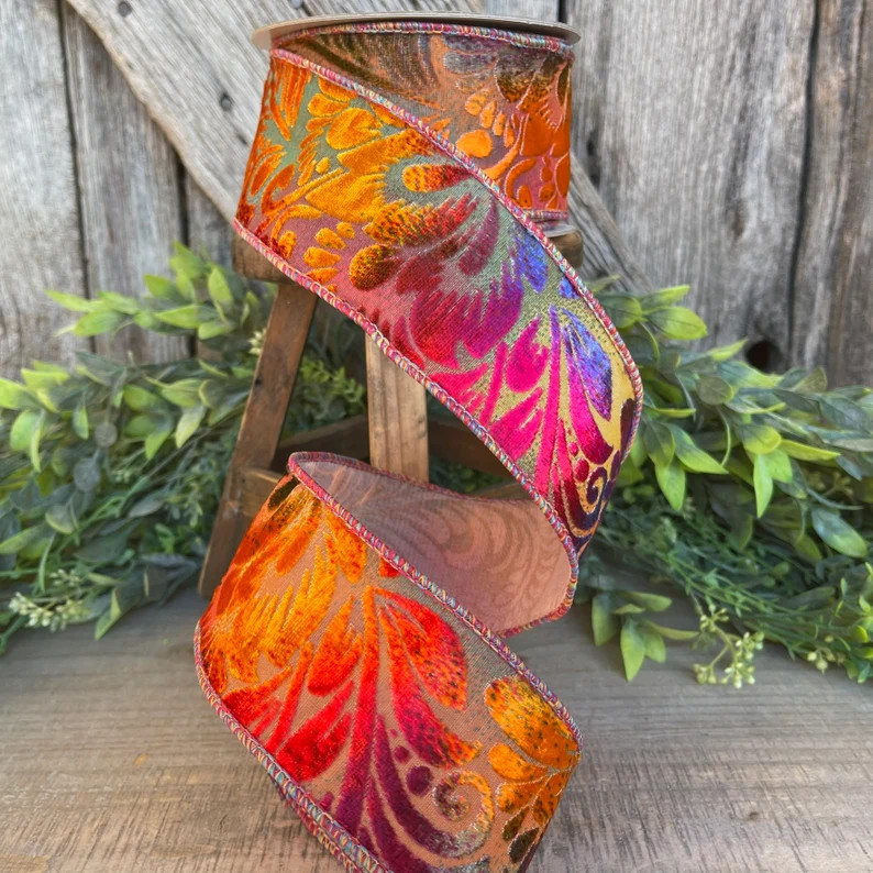 2.5 Rainbow Velvet Floral Ribbon, Farrisilk Ribbon, Fall Floral, Fall Ribbon, Spring Ribbon, Wire... | Etsy (US)