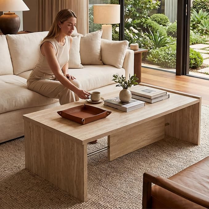 Hyfirm Faux Travertine Coffee Table for Living Room: Rectangular Minimalist Coffee Table with Stu... | Amazon (US)