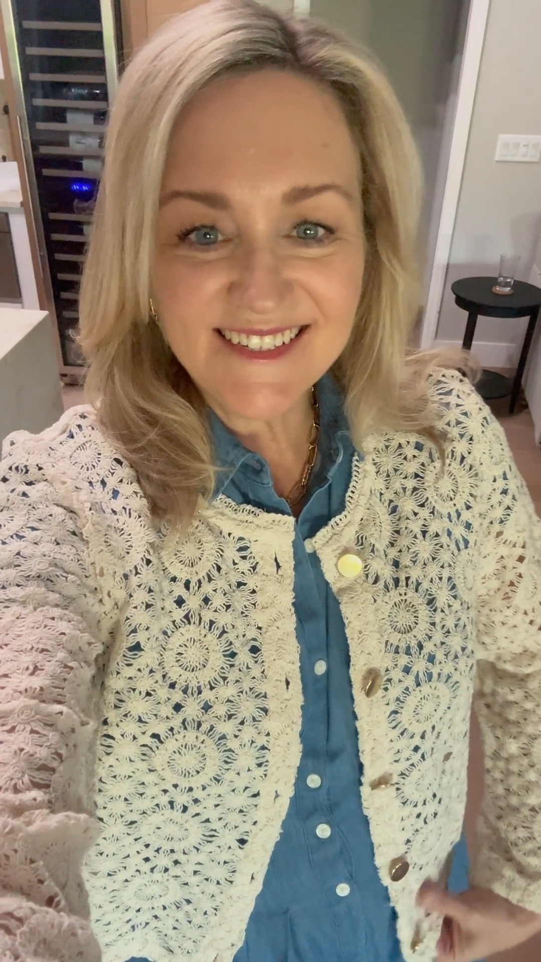 The cutest crochet cardigan and chambray dress.  Spring outfit 

#LTKootd #LTKSaleAlert #LTKSeasonal