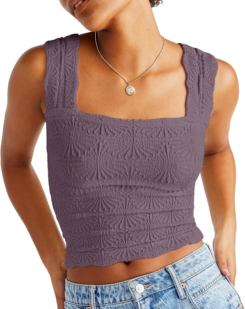 DouBCQ Women Cute Crop Tank Top Square Neck Wide Strap Vest Slim Fit Floral Lettuce Trim Cropped ... | Amazon (US)