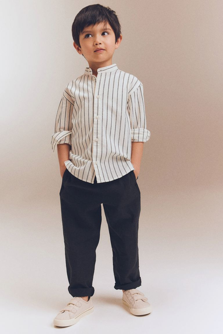 Band-collar Cotton Shirt - Long sleeve - Regular length - White/striped - Kids | H&M US | H&M (US + CA)