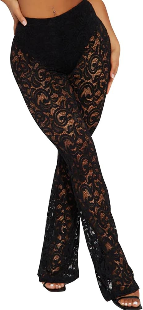 Women Sexy Black Lace Flare Pants See Through Sheer Mesh Floral High Waist Party Club Pants (No U... | Amazon (US)