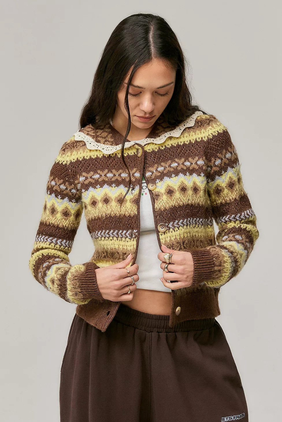 Cardigan UO Sky Fairisle à col en dentelle | Urban Outfitters FR