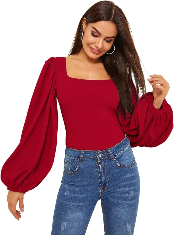 Romwe Women's Long Puff Sleeve Square Neck Slim Fit Crop Tops Blouse Sweatshirt | Amazon (US)