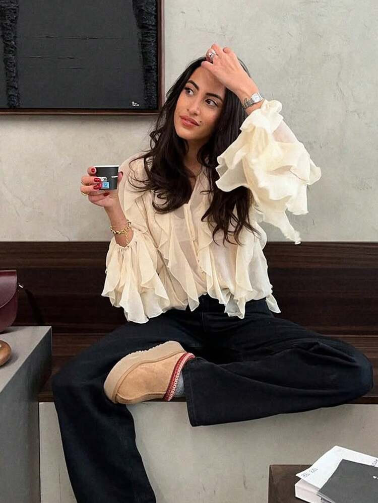 HH 2025 Spring Women Elegant V-Neck Blouse Single-Breasted Women Long Sleeves Laminated Decorative Solid Shirt | SHEIN