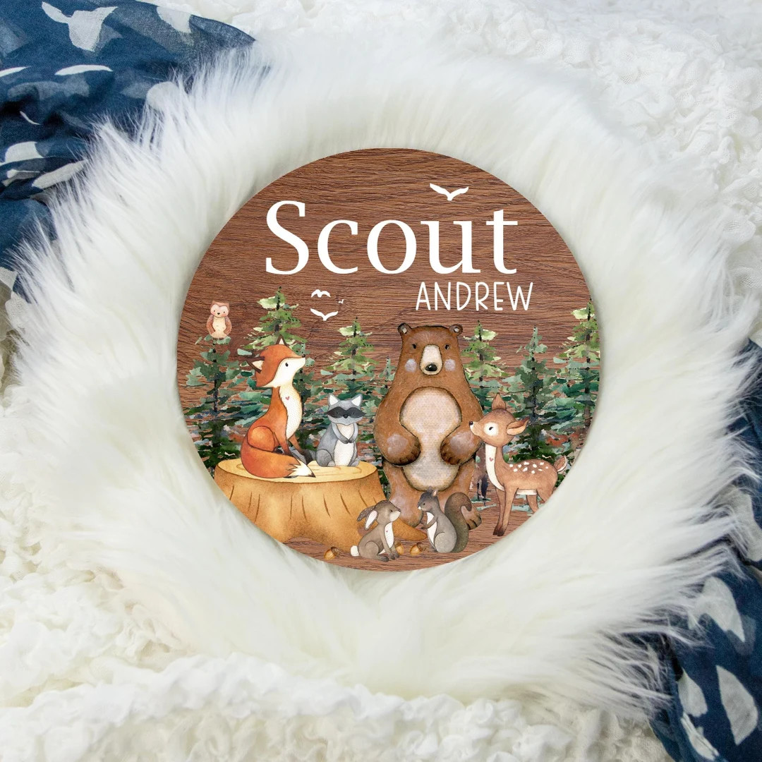 Wood Baby Name Sign, Round Wood Name Sign, Woodland Baby Sign, Woodland Name Sign, Baby Announcem... | Etsy (US)