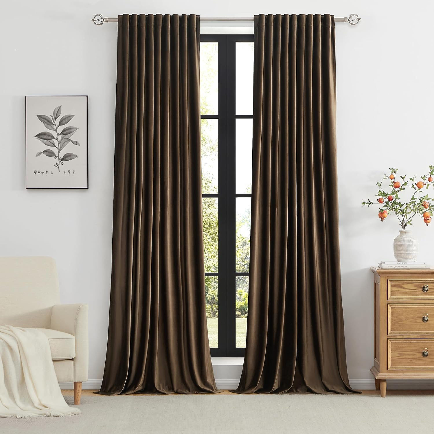 PRIMROSE Brown Polyester Velvet Curtains 84 inch Long for Living Room,Set of 2 Panels Blackout Ro... | Amazon (US)