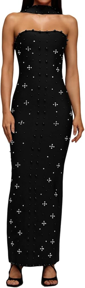 Maxi Strapless Sleeveless Halter Sparkly Backless Corset Dress Evening Pearl Rhinestones Bandage ... | Amazon (US)