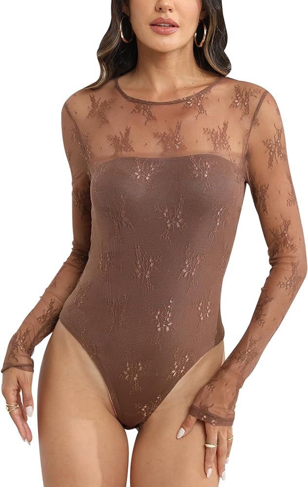 Ugerlov Women's Long Sleeve Lace Bodysuit Sexy Mesh Crew Neck See Through Jumpsuit Bodysuits Top ... | Amazon (US)