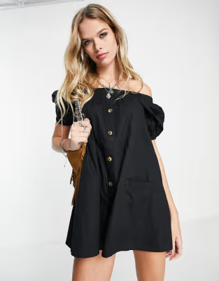 ASOS DESIGN off shoulder button through swing playsuit in black | ASOS (Global)