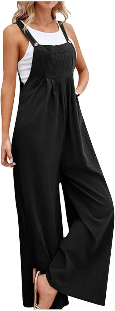 Linen Overalls for Women Loose Fit Adjustable Straps Bib Jumpsuits Square Neck Wide Leg Gardening... | Amazon (US)