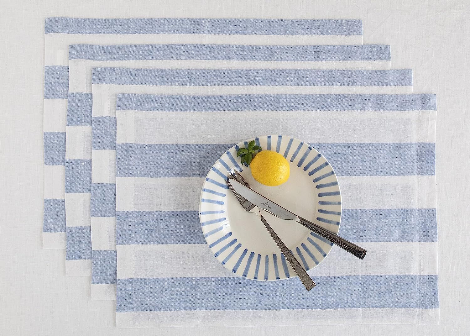 Solino Home Linen Placemats – Cabana Stripe Sky Blue and White, 14 x 19 Inch Set of 4 – Europ... | Amazon (US)