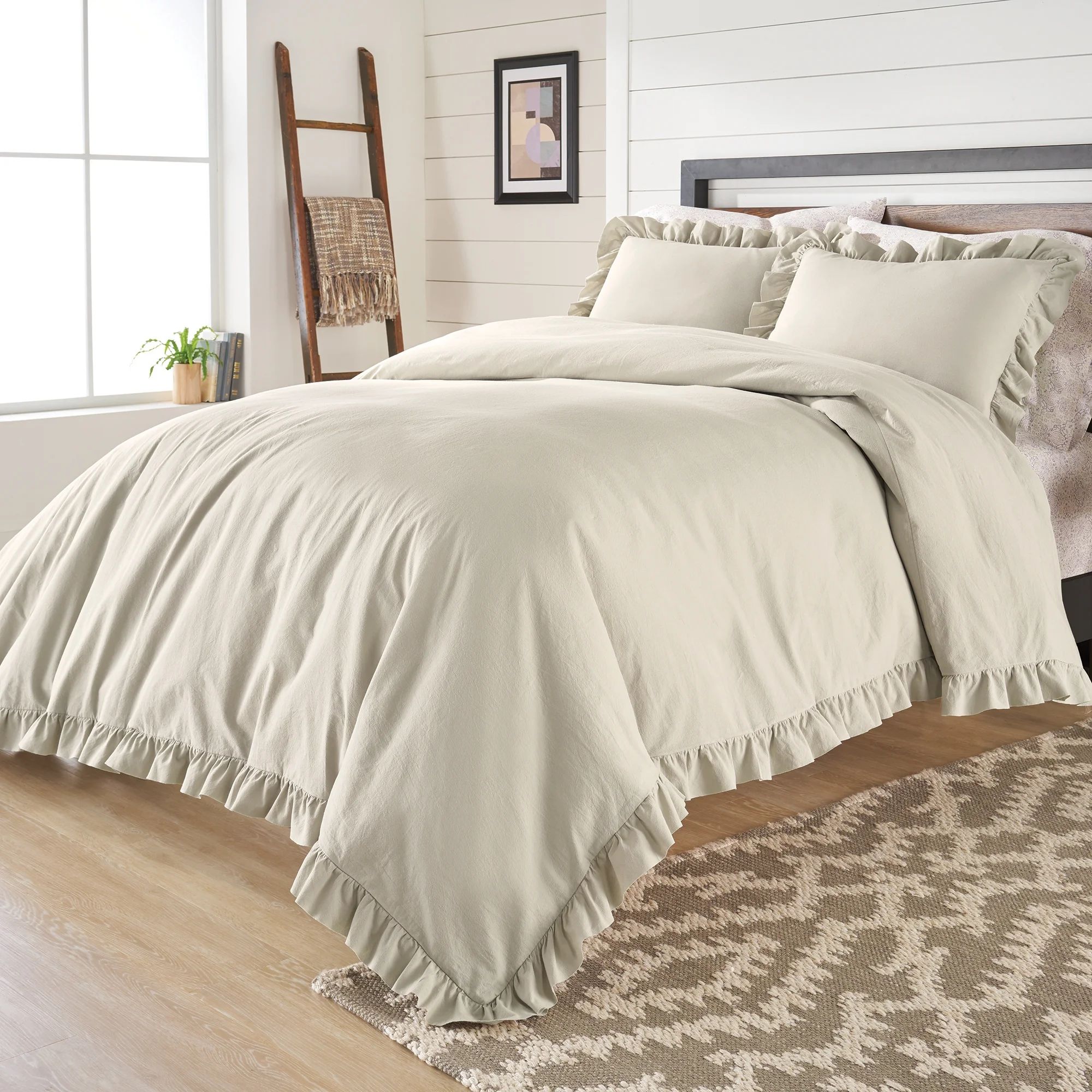 Better Homes & Gardens Raw Edge Ruffle 3 Piece Duvet Cover Set, Full/Queen, Beige | Walmart (US)