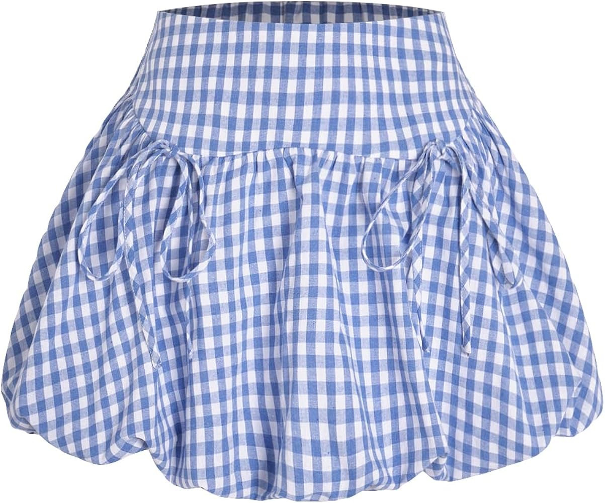 Verdusa Women's Gingham Bubble Mini Skirts Plaid Bow Cute Holiday Short Skorts | Amazon (US)