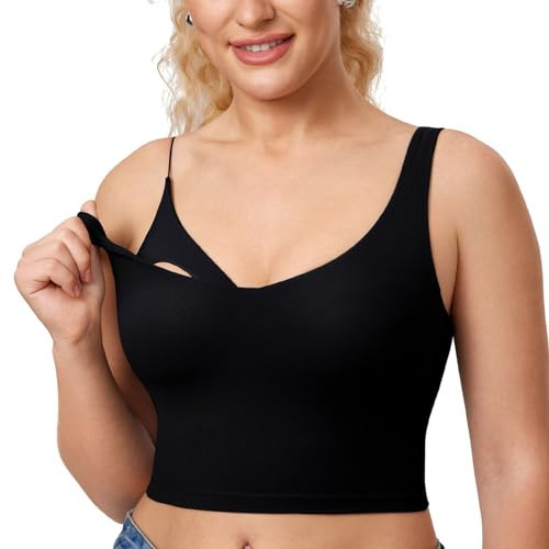 MOMANDA Women's Nursing Bras Longline Sports Breastfeeding V Neck Sleeveless Crop Tank Top with Built in Bra Black Small | Amazon (US)