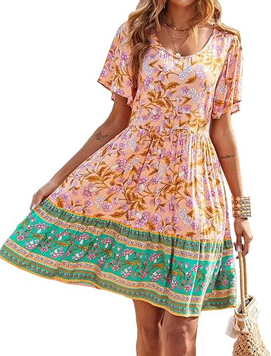 BTFBM Women's Casual Short Sleeve Boho Summer Dresses Crewneck Floral Print High Waist Beach Cute... | Amazon (US)