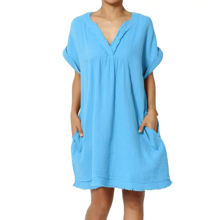 TheMogan Women's Casual Loose Short Sleeve V Neck Cotton Gauze Babydoll Shift Mini Dress Sky M | Walmart (US)