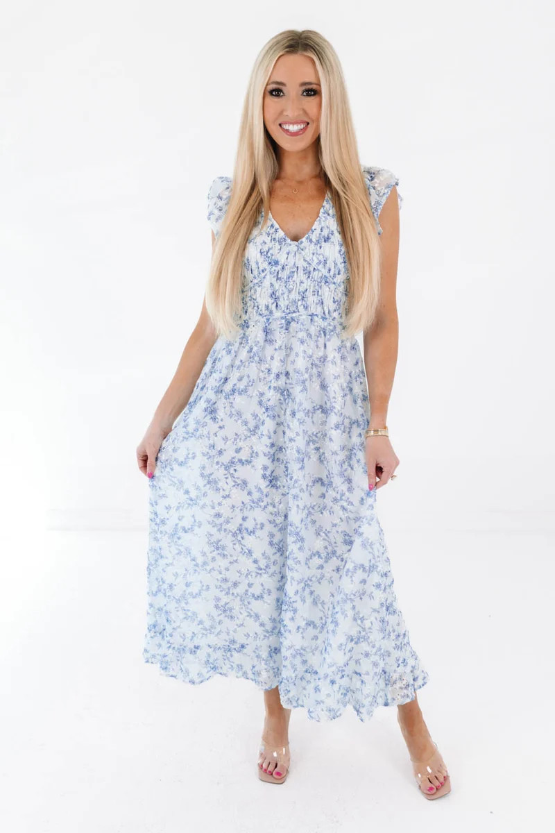 Soft Spot Midi Dress - White/Blue | The Impeccable Pig