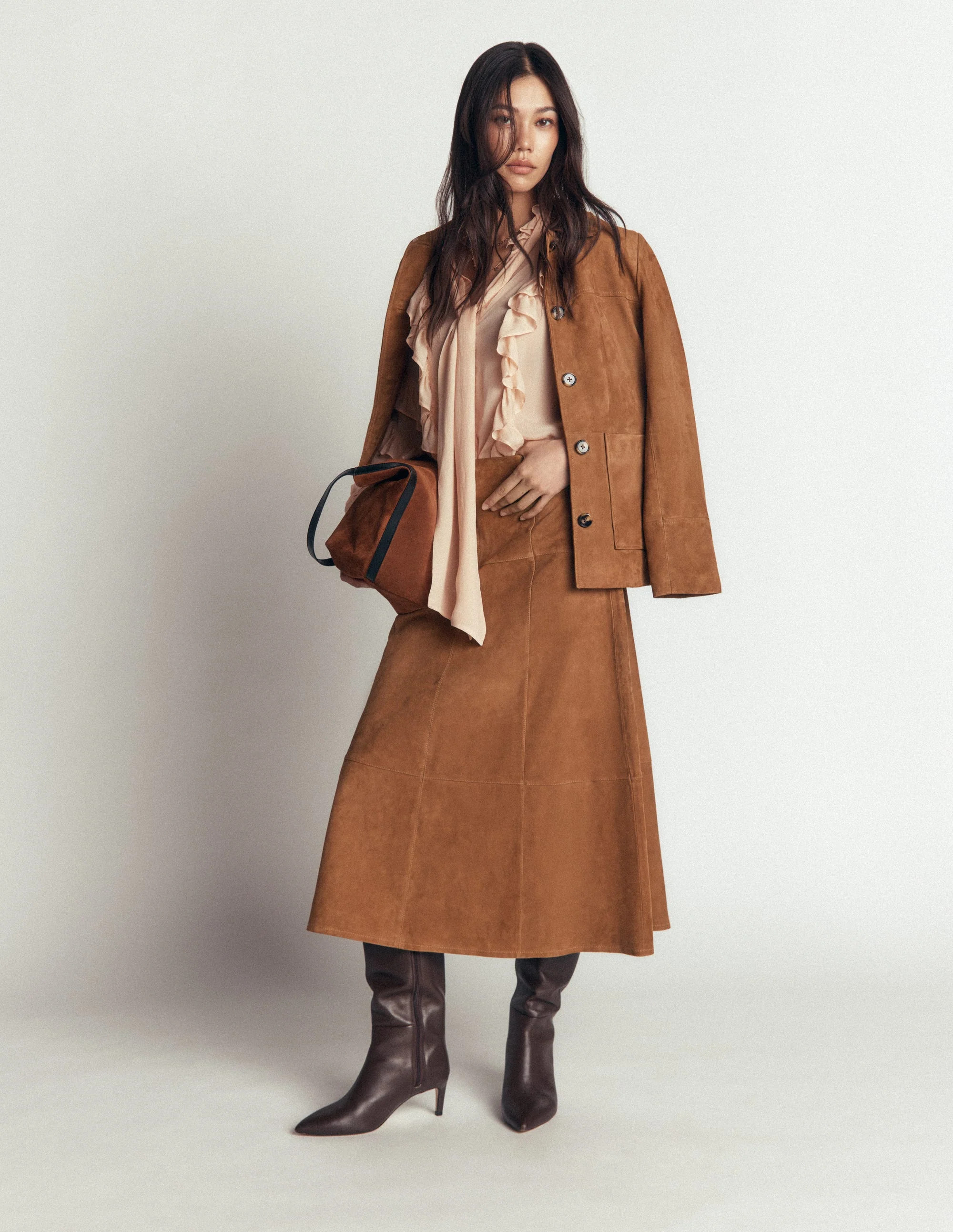 Suede Panelled Midi Skirt-Tan | Boden (US)