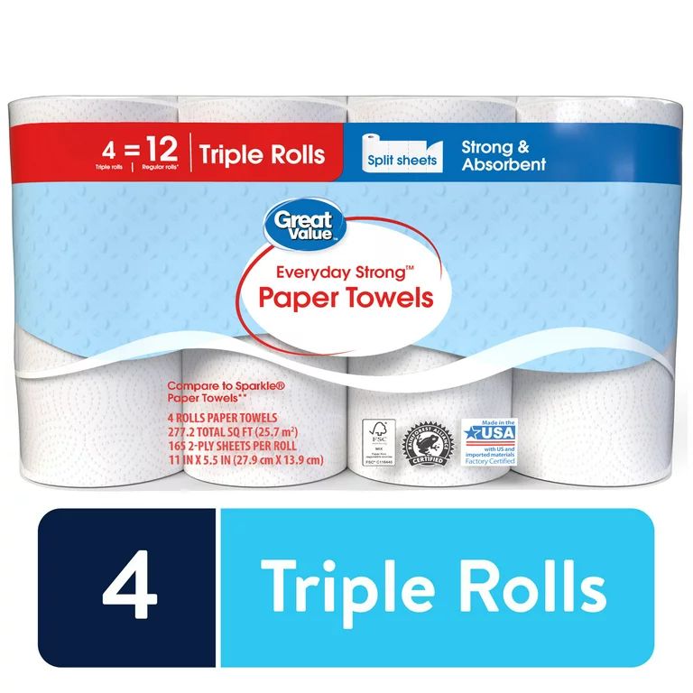 Great Value Everyday Strong Paper Towels, Split Sheets, 4 Triple Rolls | Walmart (US)