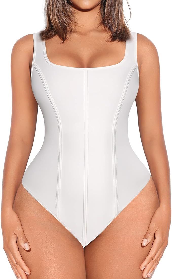 FeelinGirl Bodysuit for Women Tummy Control Thong Body Shaper Tops Square Neck Body Suit Tshirt S... | Amazon (US)