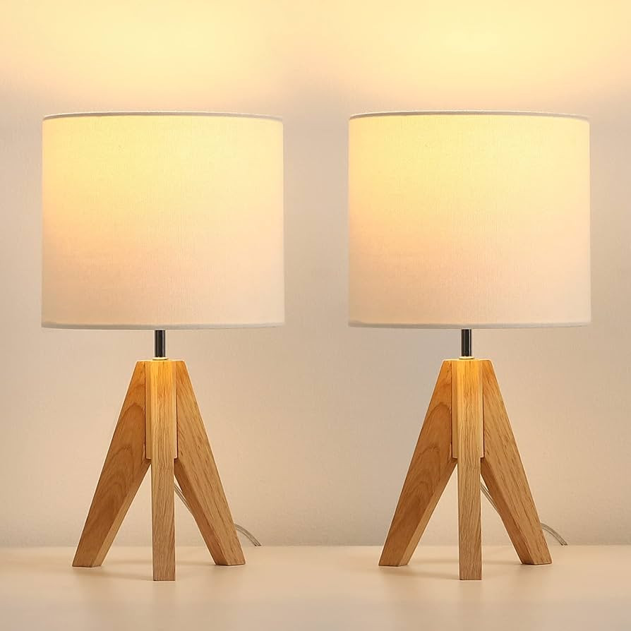 DEWENWILS Small Table Lamp, Wooden Tripod Table Lamp with White Linen Fabric Shade, 2 Pack Table ... | Amazon (US)