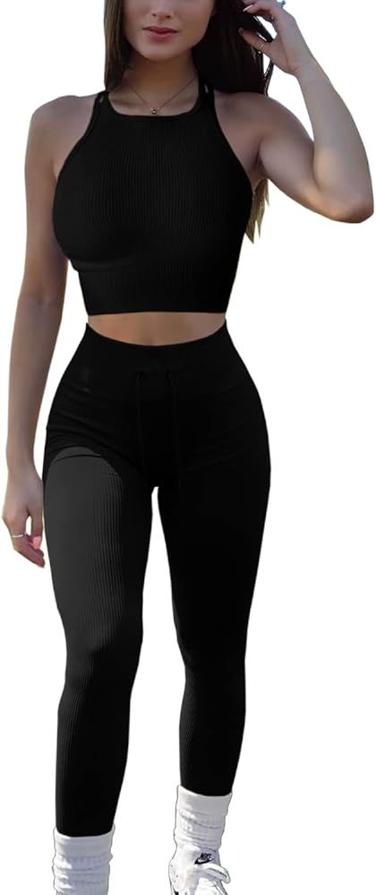 QINSEN Seamless Workout Outfits for Women 2 Piece Ribbed Crop Tank High Waist Yoga Leggings Sets | Amazon (US)
