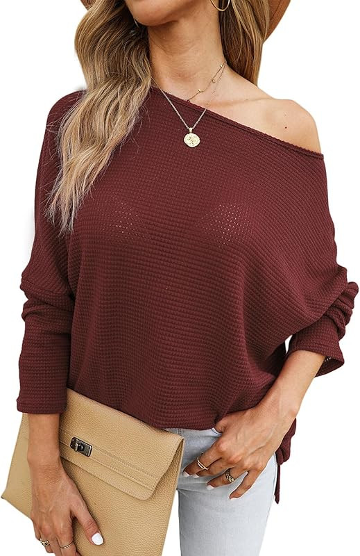 Dokotoo Womens Off Shoulder Tops Casual Waffle Knit Sweaters Batwing Long Sleeve Shirts Loose Tun... | Amazon (US)