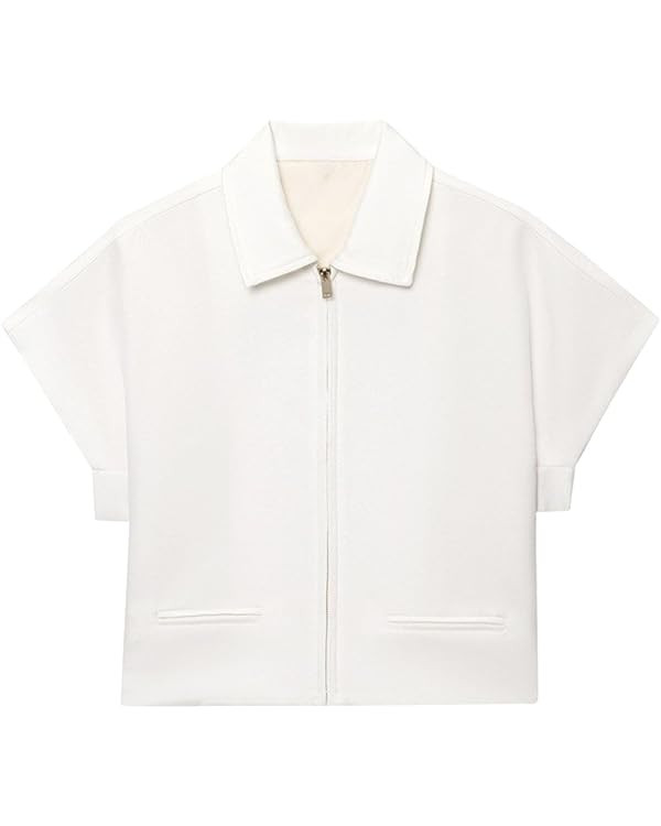 FindThy Women’s Cropped Jacket Trendy Lapel Collar Short Sleeve Solid Color Zip Up Outerwear Co... | Amazon (US)