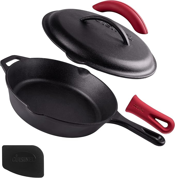 Cuisinel Cast Iron Skillet with Lid - 10"-inch Pre-Seasoned Covered Frying Pan Set + Silicone Han... | Amazon (US)