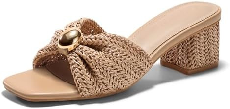 Coutgo Womens Low Chunky Block Heels Raffia Sandals Square Open Toe Slip On Slides Summer Beach D... | Amazon (US)