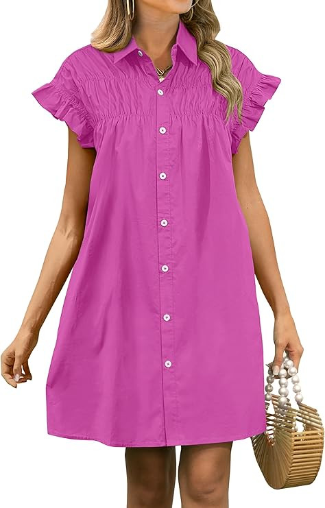 ANRABESS Womens Summer Button Down Shirt Dress Ruffle Short Sleeve Mini Dresses Loose Fit Casual ... | Amazon (US)