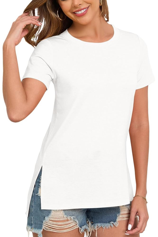 Womens Side Split Casual Summer Tops Short Sleeve T-Shirts | Amazon (US)