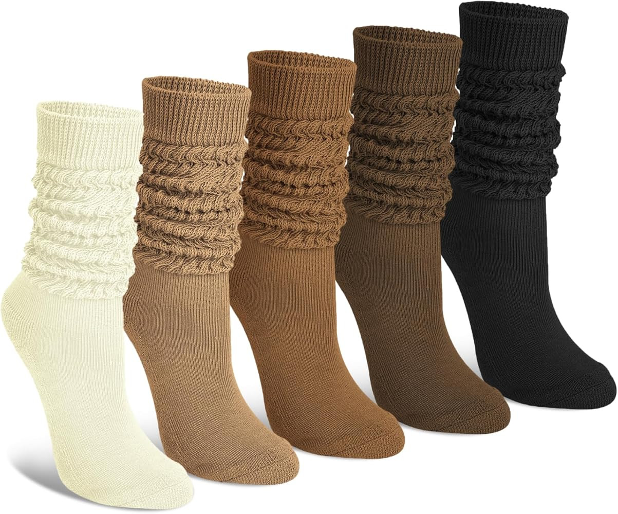 Justay 5 Pairs Slouchy Socks for Women - Knit Cotton Tube Cute Knee High Boot Long Scrunch Slouch... | Amazon (US)