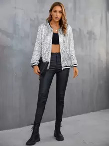 EMERY ROSE Drop Shoulder Striped Trim Sequin Varsity Jacket SKU: sw2205137193064063(100+ Reviews)... | SHEIN