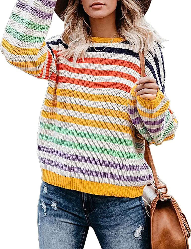 ZESICA Women's 2024 Fall Long Sleeve Crew Neck Striped Color Block Casual Loose Knitted Pullover ... | Amazon (US)