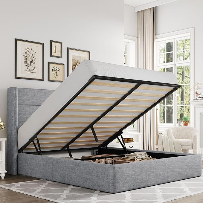 Allewie Queen Size Lift Up Storage Bed, Modern Wingback Headboard, Hydraulic Support, No Box Spri... | Amazon (US)