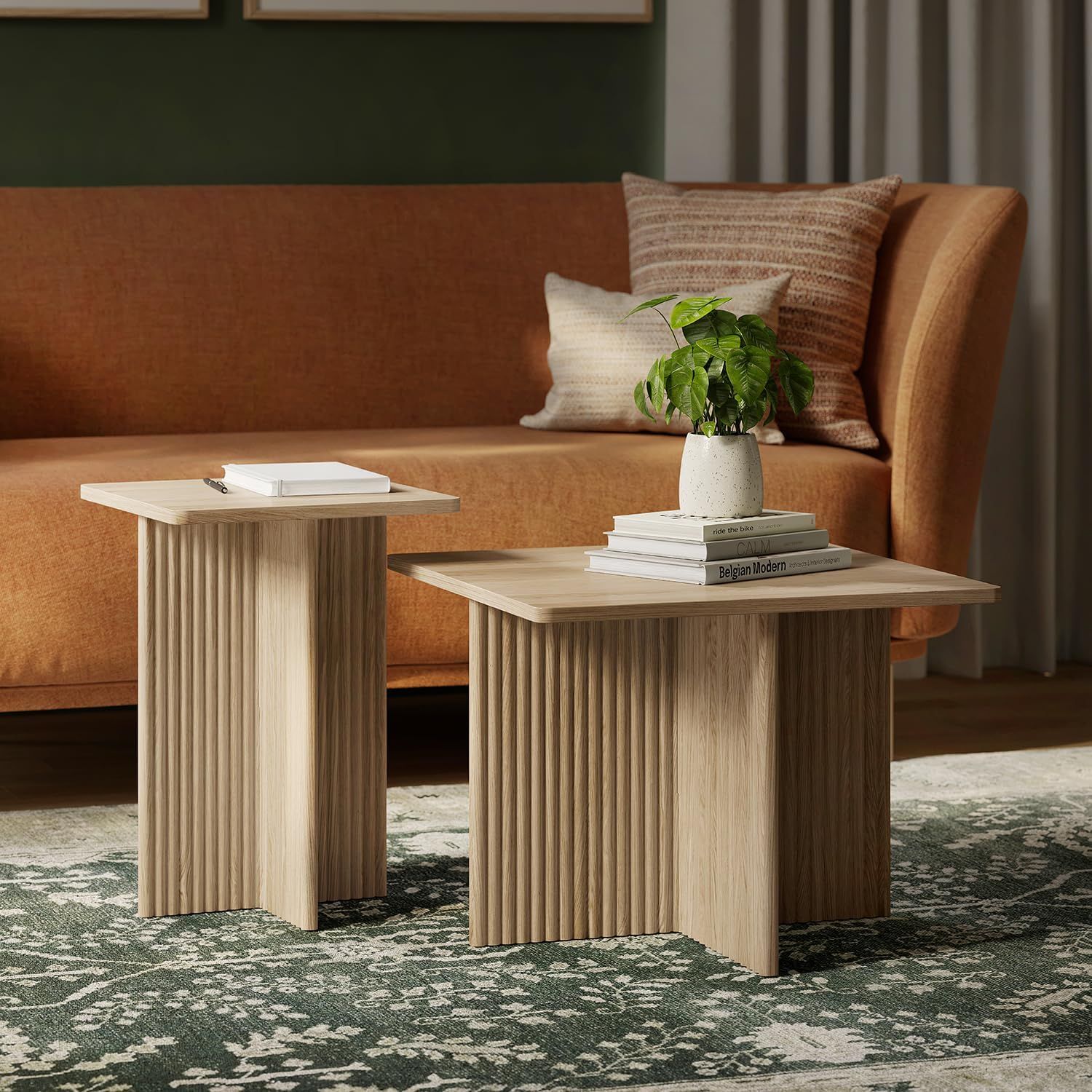 Square Fluted Nesting Coffee Table - Low Profile 2 Piece Square Coffee Table Set - Living Room Fu... | Amazon (US)