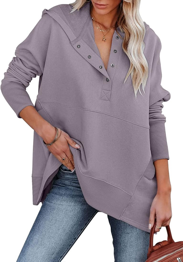 onlypuff Womens Oversized Hoodies and Sweatshirt V Neck Button up Loose Fit Henley Shirt 2022 Fal... | Amazon (US)