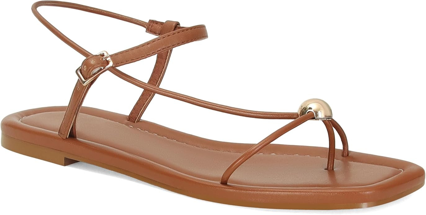 Black Strappy Flat Sandals for Women Comfortable Open Square Toe Sandals Dressy Beach Thong Flip ... | Amazon (US)