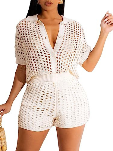 KANSOON Sexy 2 Piece Outfits for Women Knit Button Up Crochet Short Set Tracksuit White S | Amazon (US)