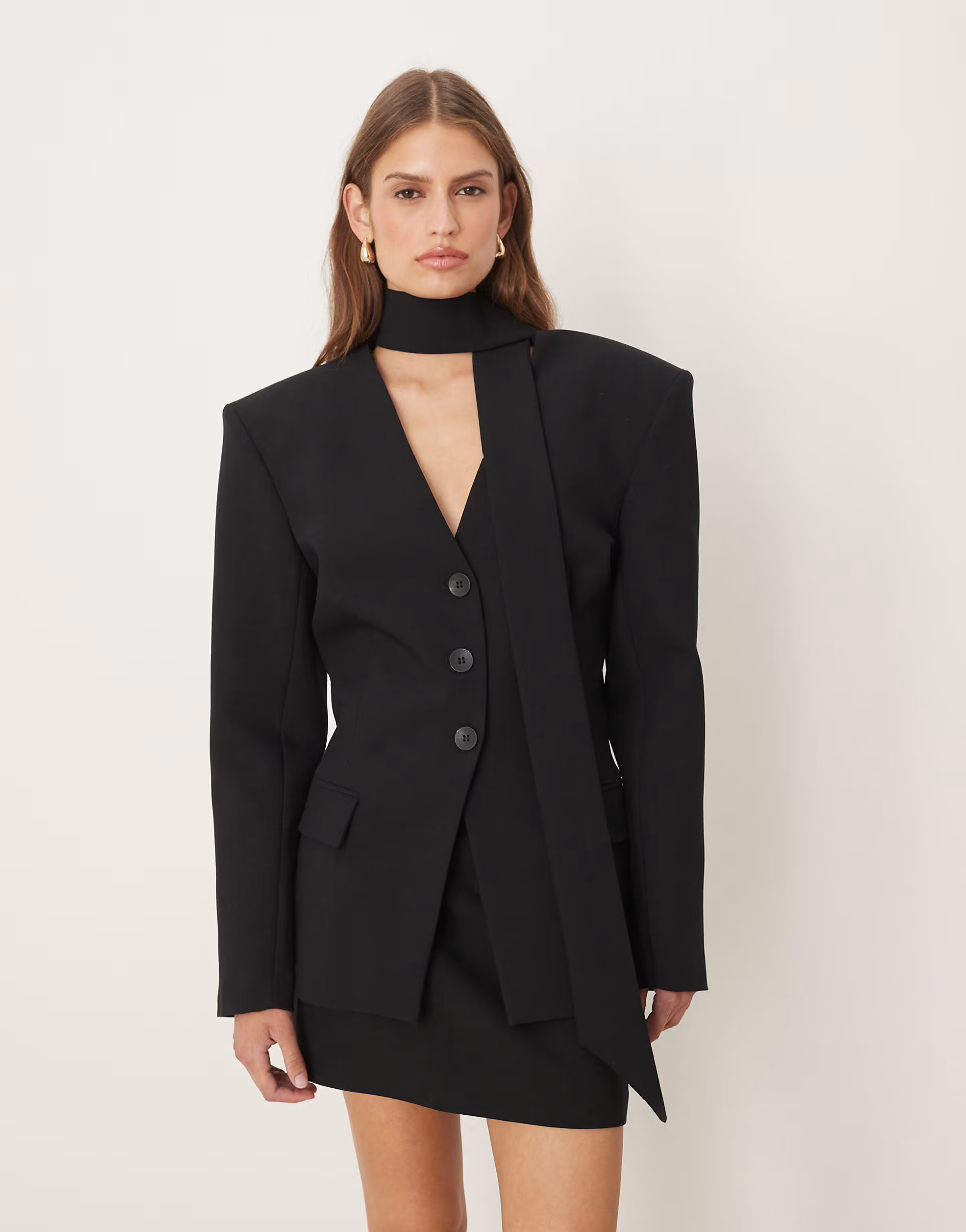 ASOS DESIGN cinch shoulder pad blazer with scarf co ord in black | ASOS (Global)