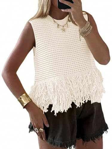Saodimallsu Womens Crochet Crop Tank Tops Sleeveless Fringe Crew Neck Trendy Boho Knit Summer Sweater Vest White | Amazon (US)